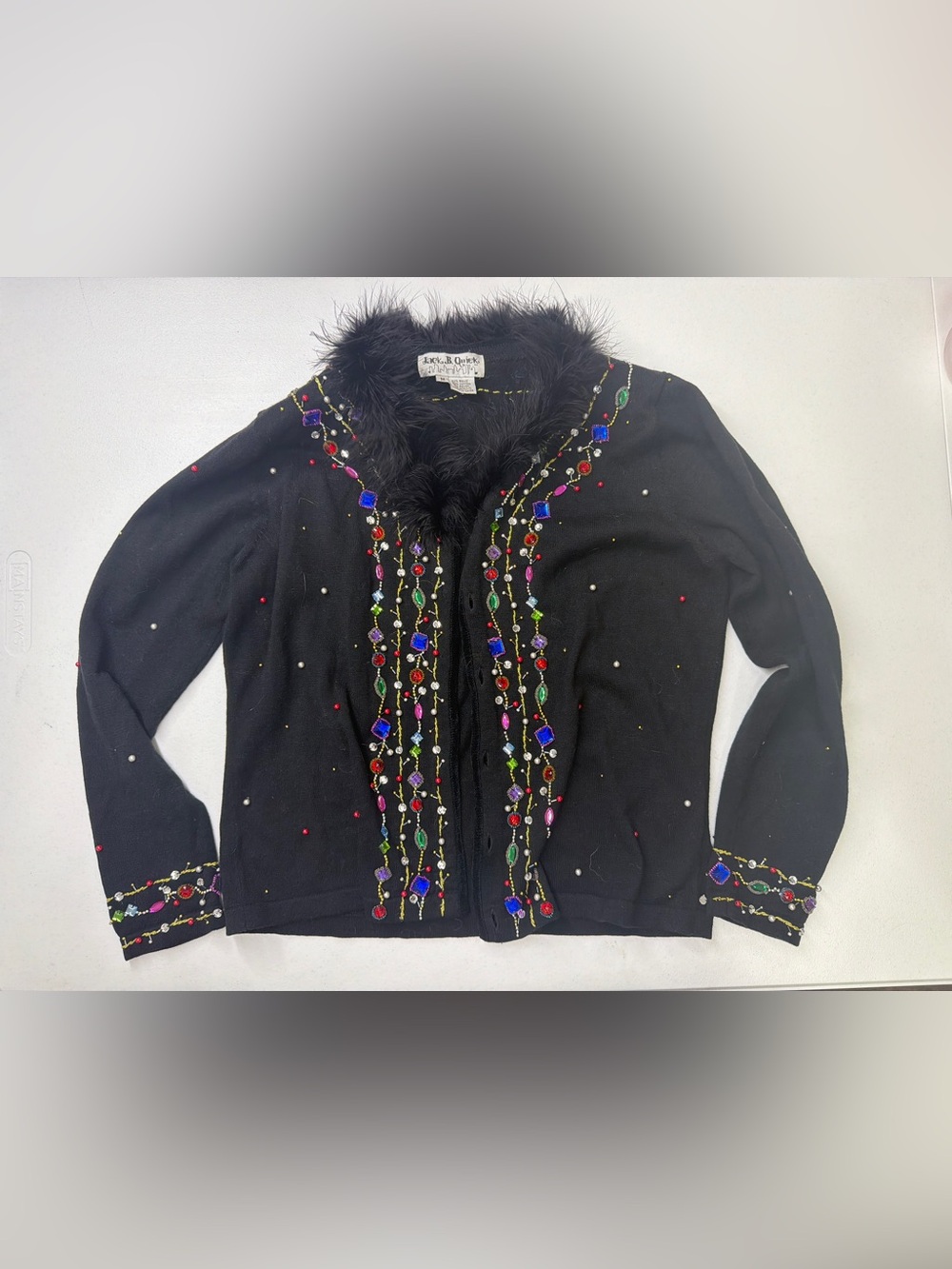 Jack B Quick Vintage Beaded Cardigan Women M Black Rhinestone Feather Collar